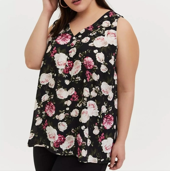Torrid Floral Georgette Tank Top Black Pink Roses Sleeveless Plus Size 0X - Picture 1 of 11